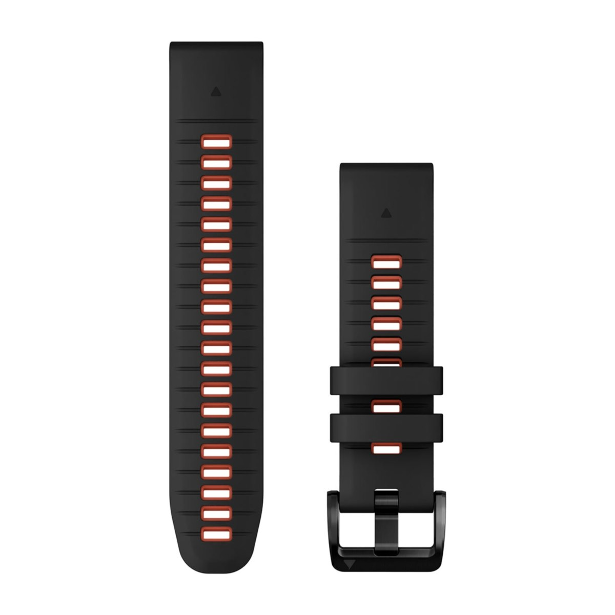 Schwarzes Uhrenarmband aus Silikon mit roten Akzenten und einer Schnalle.