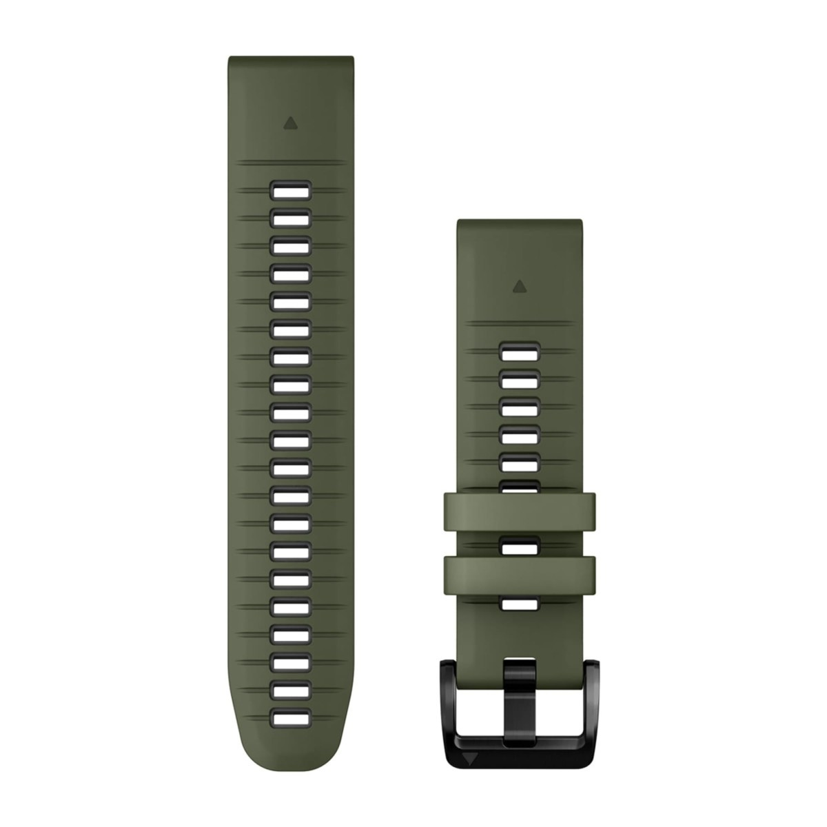 Un cinturino per orologio in silicone verde oliva con fori rettangolari e fibbia nera su sfondo bianco.