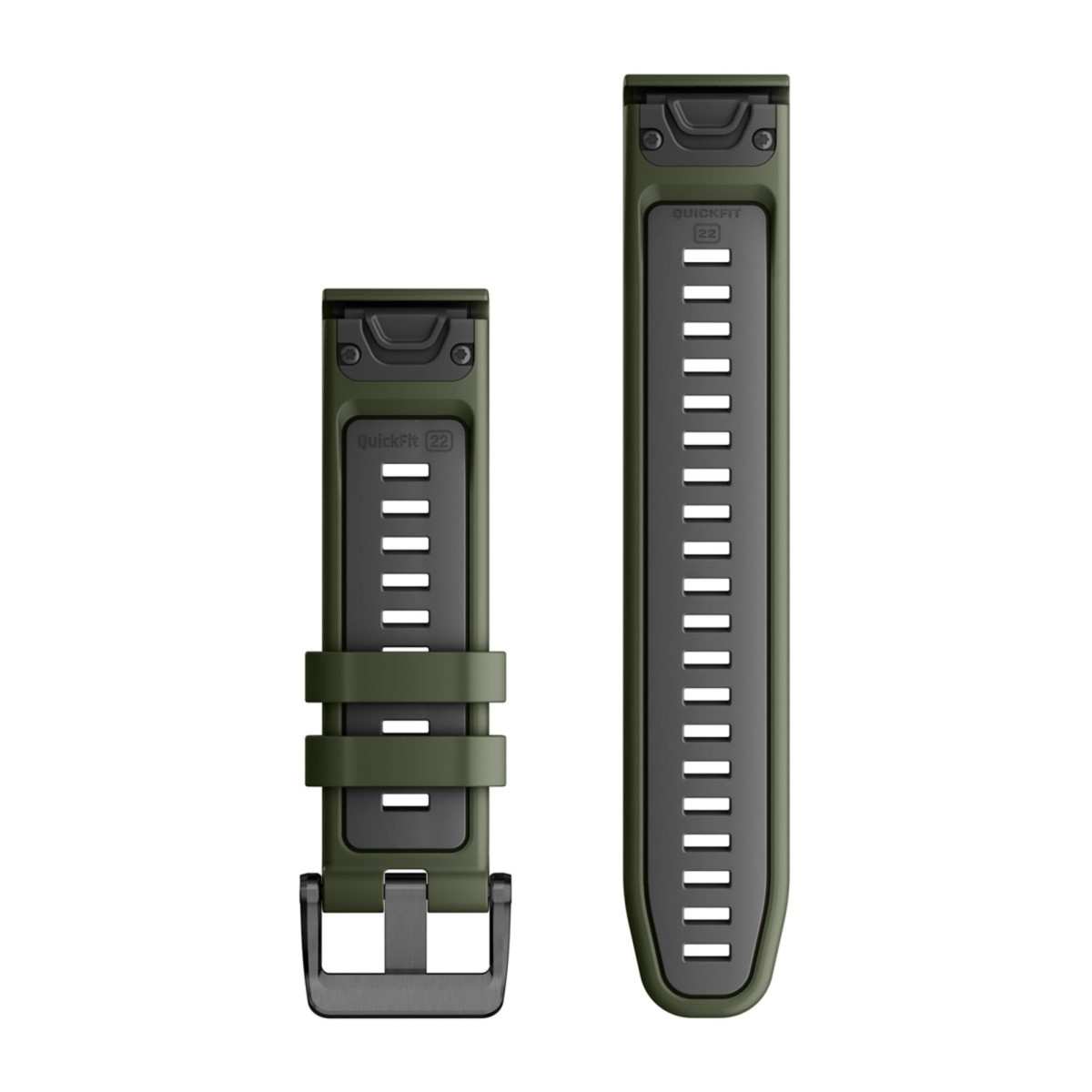Due cinturini per orologio QuickFit 22 verde oliva con parti nere su sfondo bianco.