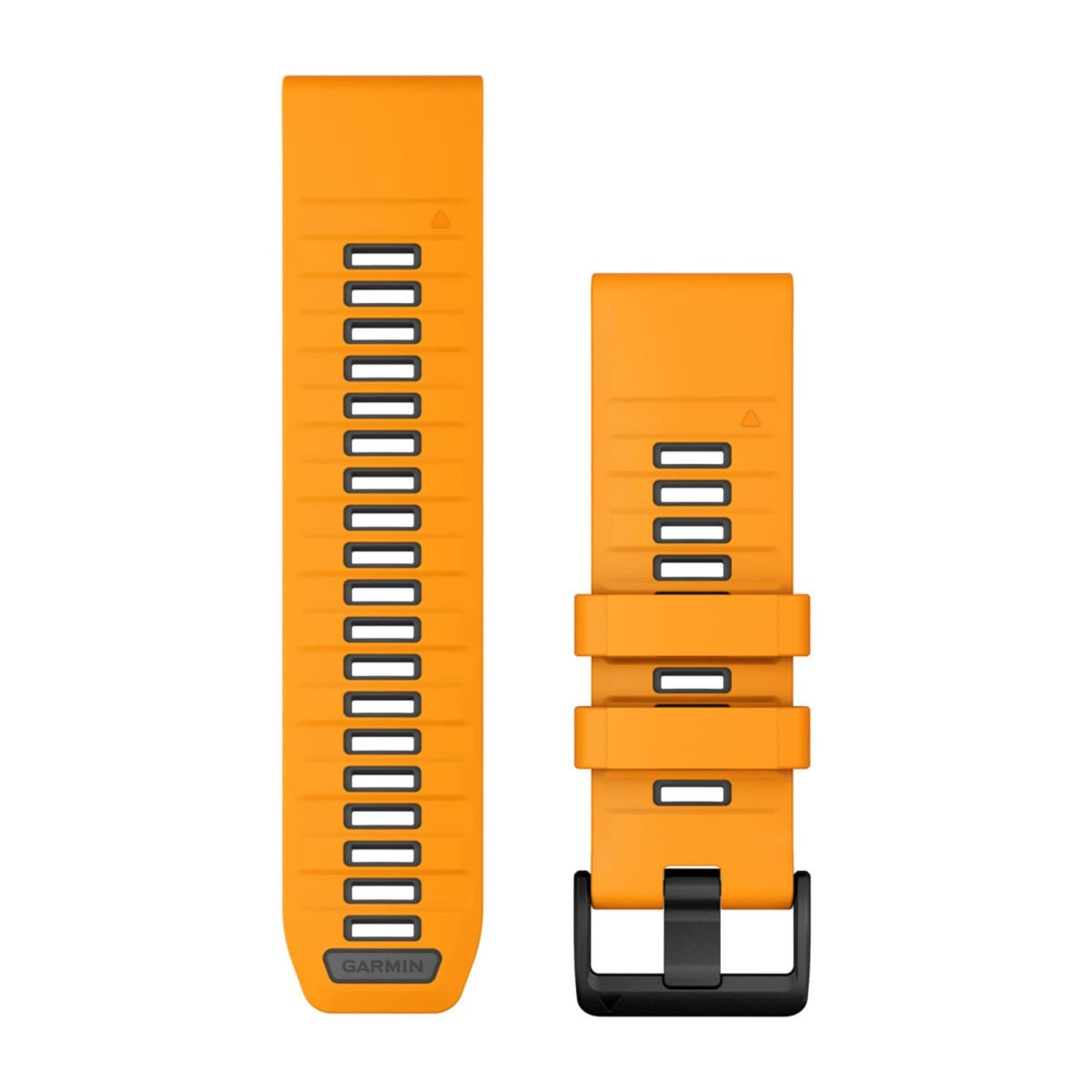 Ein orangefarbenes Garmin-Silikonarmband mit schwarzen Löchern und einer schwarzen Schließe.