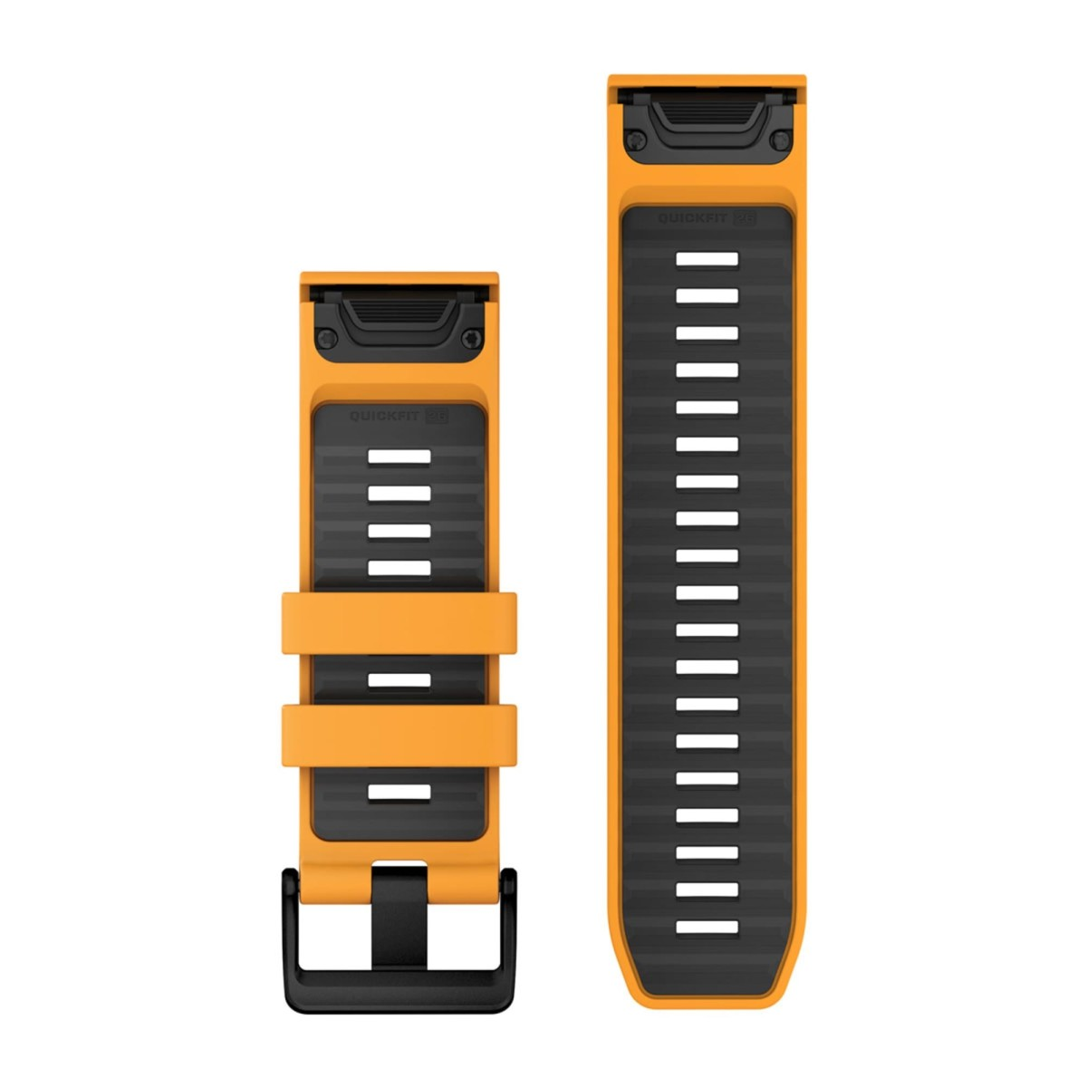 Ein orange-schwarzes Uhrenarmband mit Belüftungsschlitzen und einer schwarzen Schließe vor weißem Hintergrund.