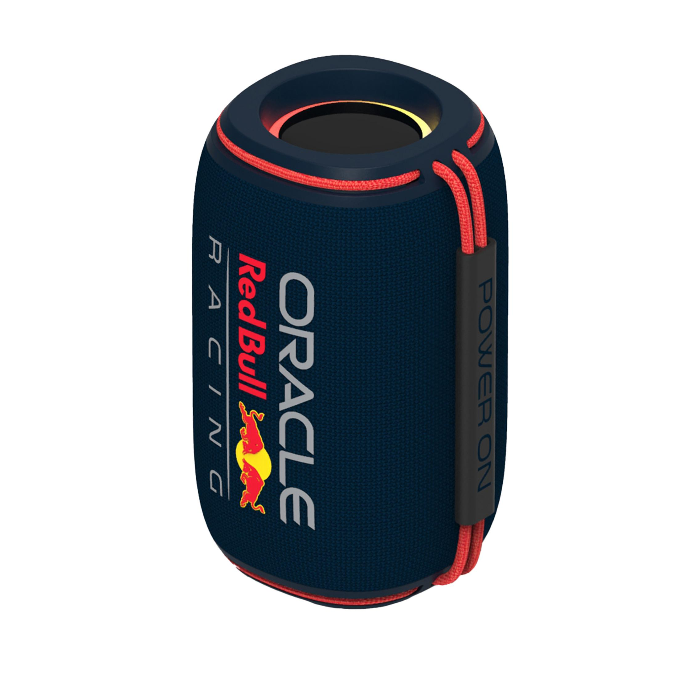 Ein dunkelblauer Zylinder-Lautsprecher mit Oracle Red Bull Racing-Branding, roten Kordeln und einem Top-Treiber.