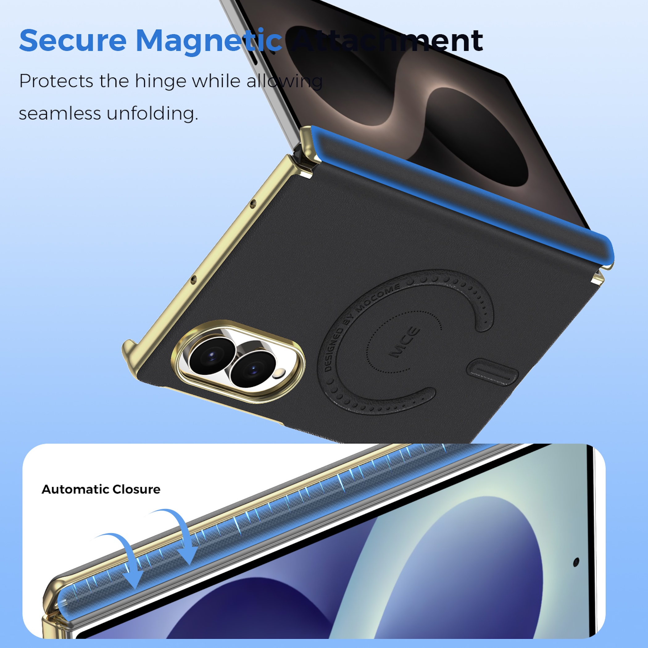 Ein faltbares Telefon in einer schwarz-goldenen Hülle mit sicherem Magnetscharnierschutz.