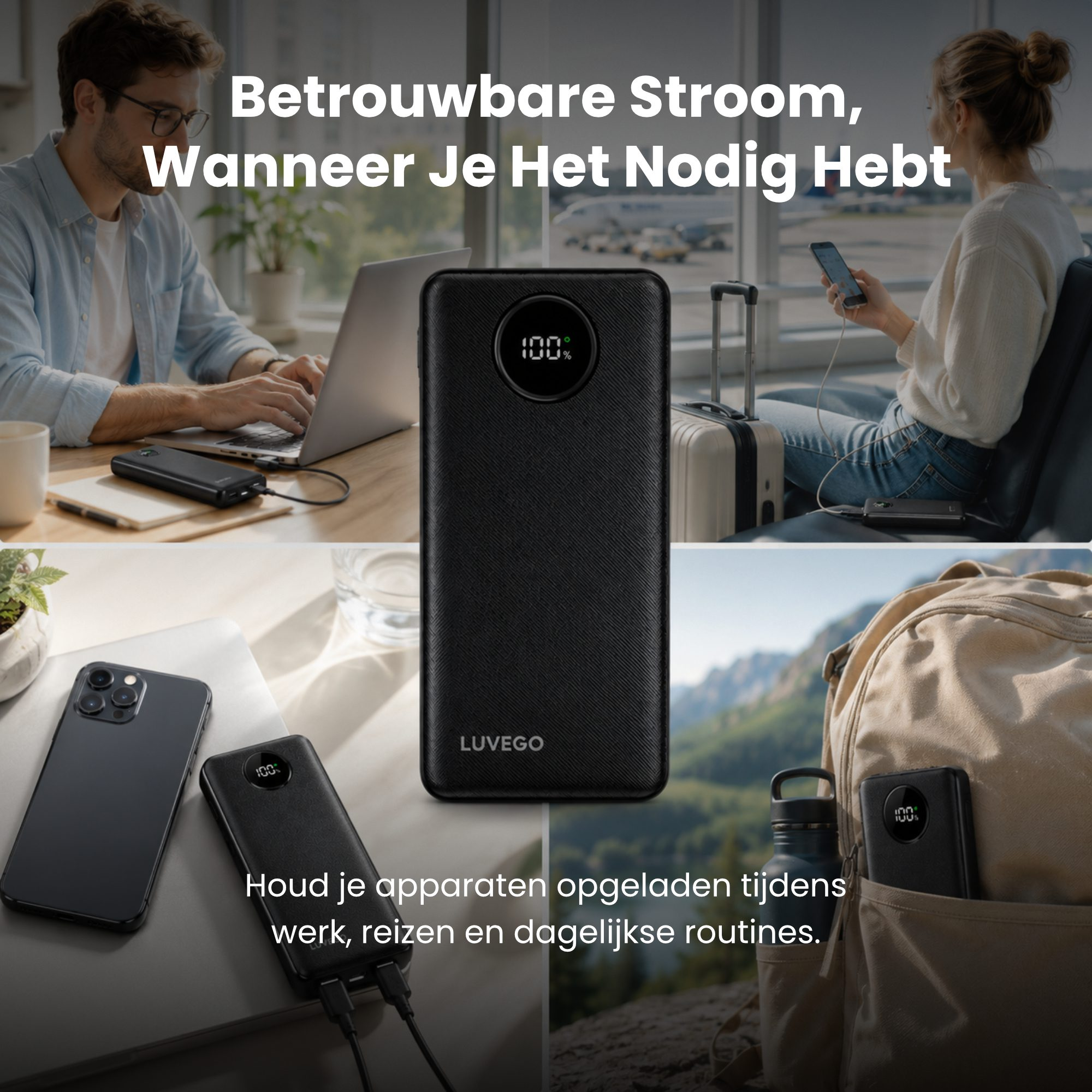 Eine schwarze Luvego Powerbank, die bei der Arbeit, auf Reisen und draußen mit Rucksack genutzt wird.