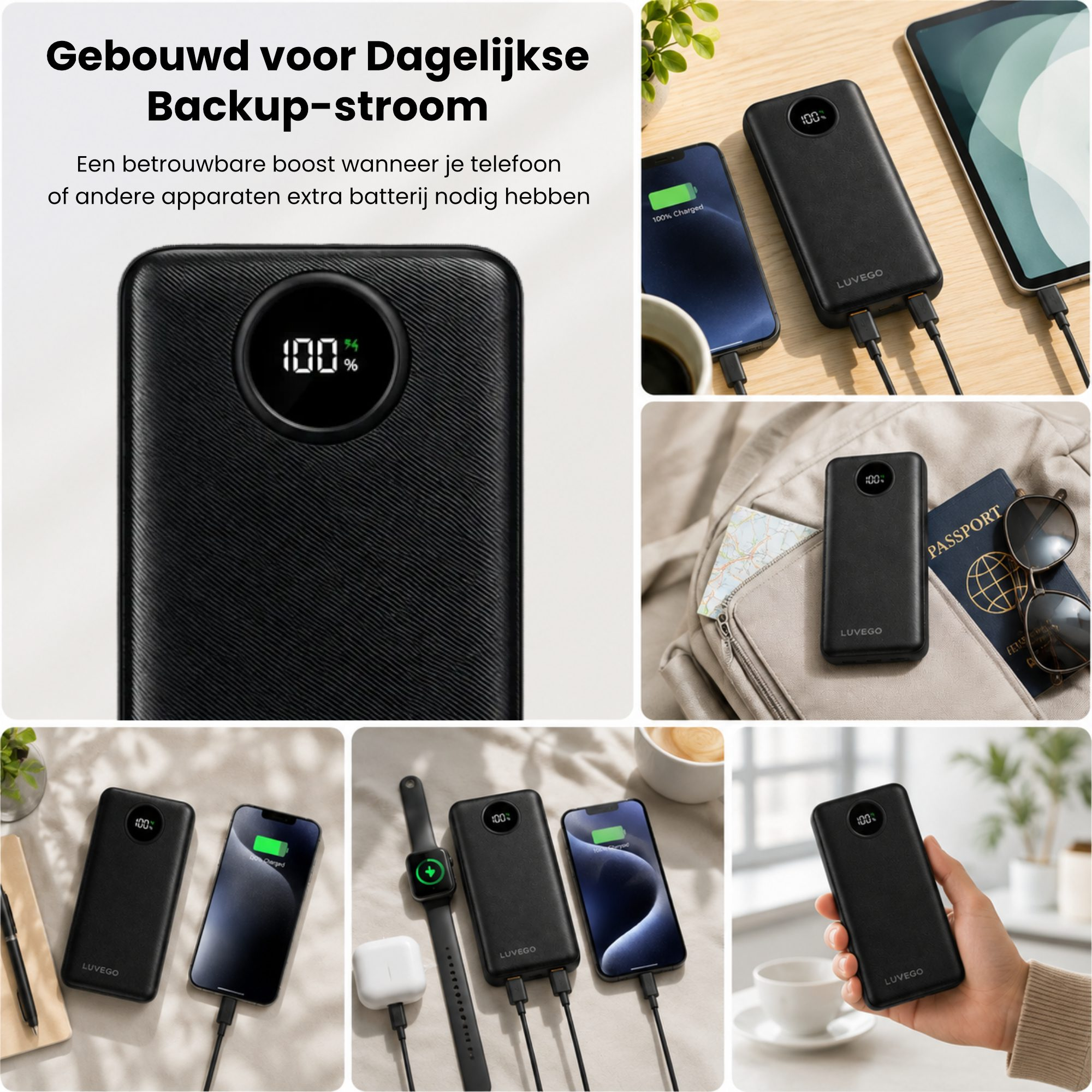Collage von Luvego Powerbanks, die Telefone und Uhren laden, mit Text auf Niederländisch.