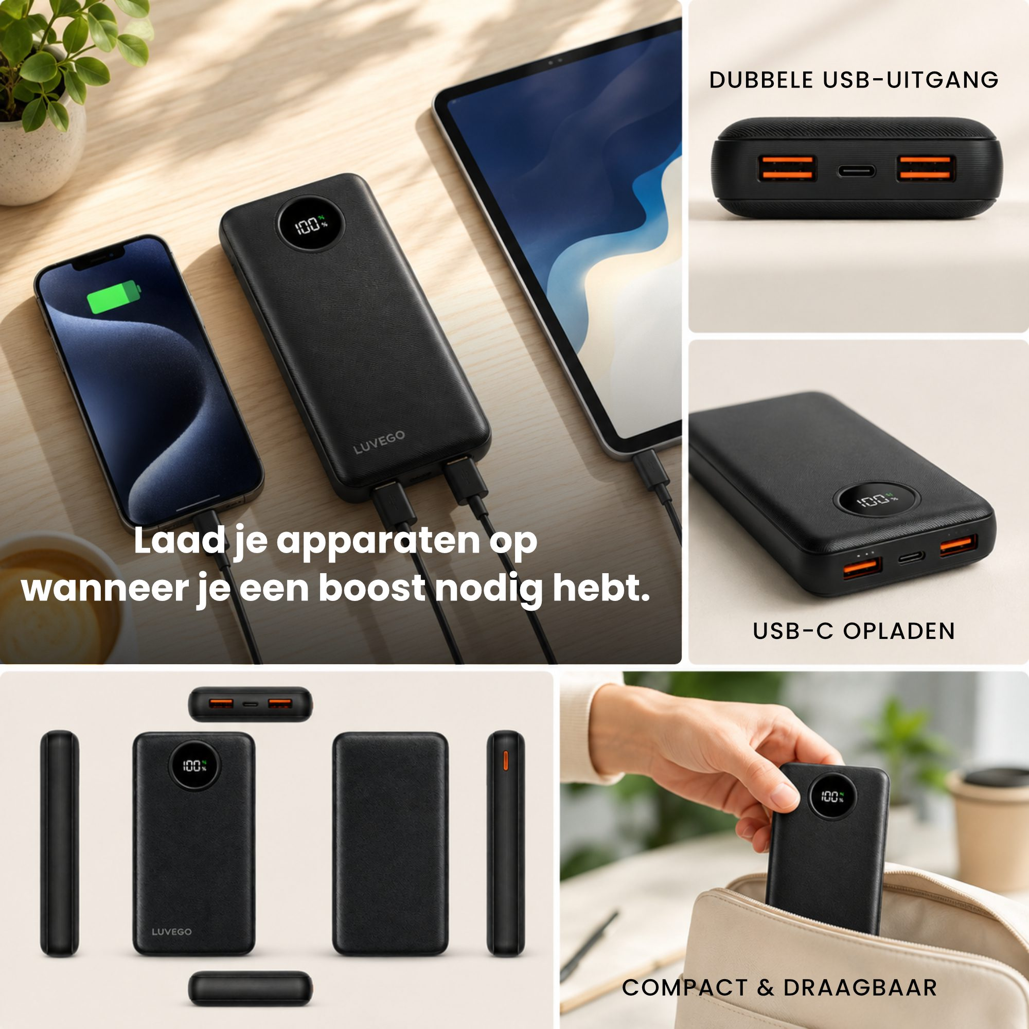 Schwarze Luvego Powerbank mit Display, USB-Anschlüssen und Ladebeispielen für Handys.
