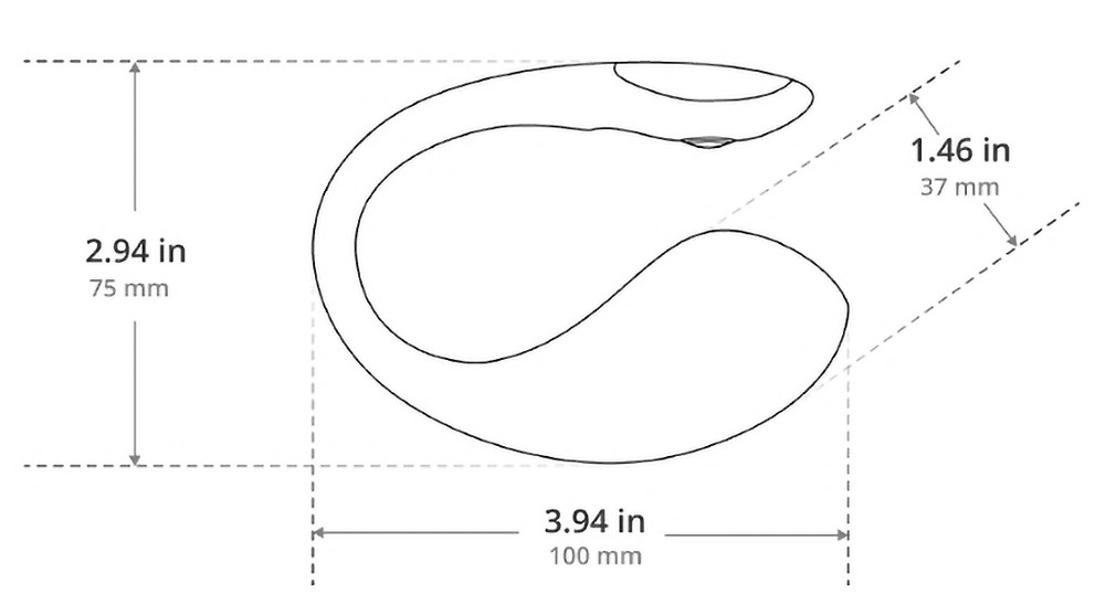 Technische Zeichnung eines geschwungenen Objekts mit Maßen in Zoll und Millimetern auf weißem Hintergrund.