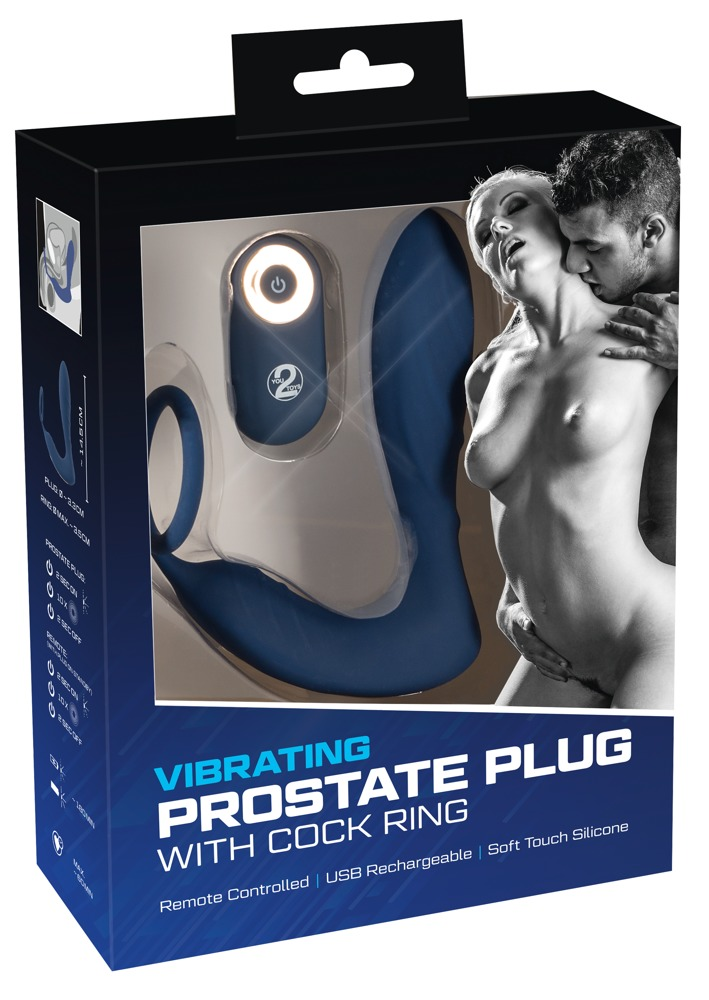 Verpackung für einen vibrierenden Prostatastapfen mit Ring, blauer Farbe und erotischem Bild auf der Vorderseite.