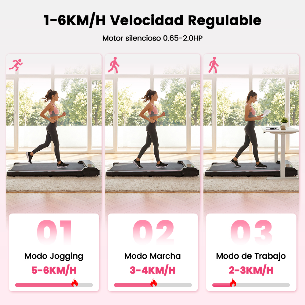 Mujer usando una caminadora en tres modos: correr, caminar y trabajar.