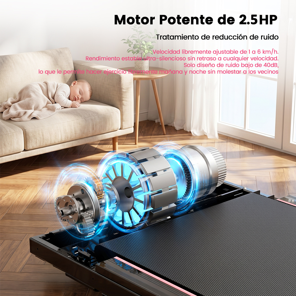 Motor de caminadora destacando rendimiento silencioso con texto en español.