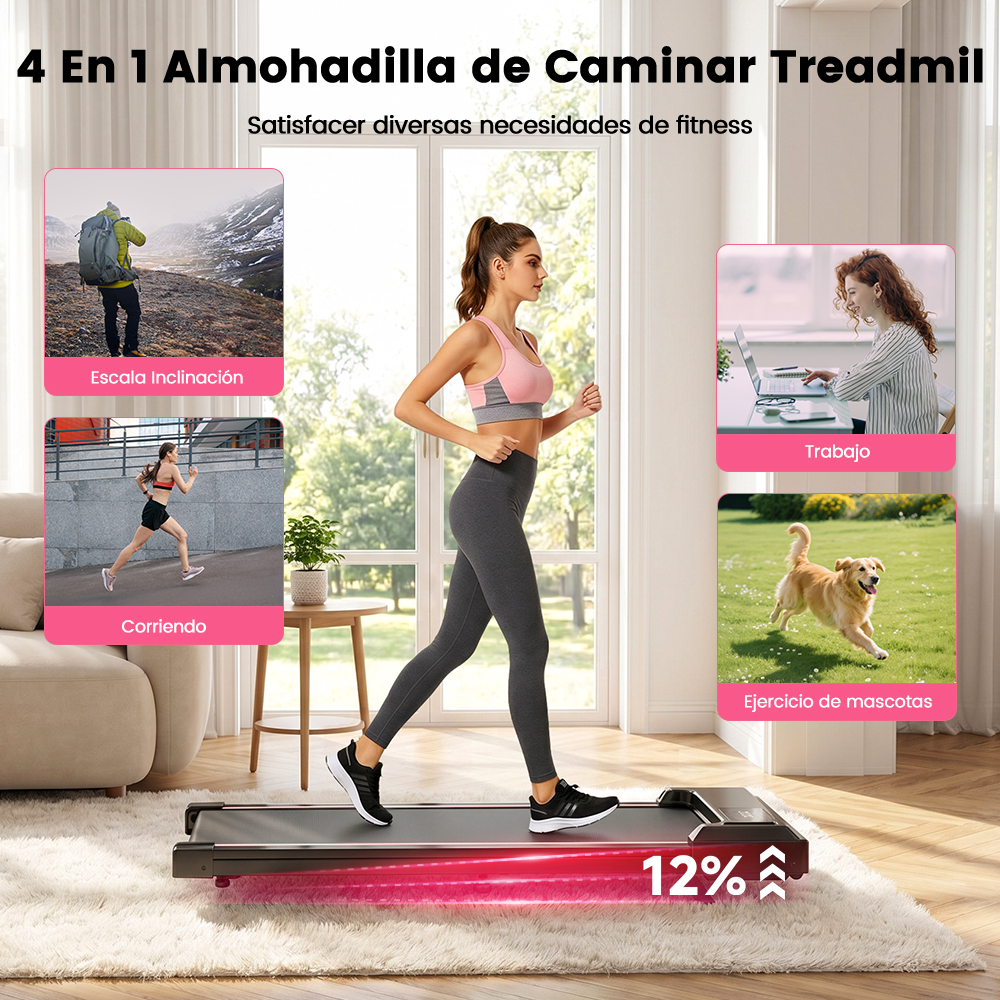 Una mujer camina en una caminadora frente a una ventana, rodeada de pequeñas imágenes de varias actividades.