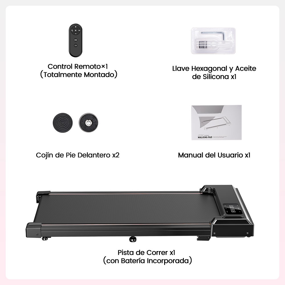 Pista de correr con accesorios como control remoto, herramientas y manual.