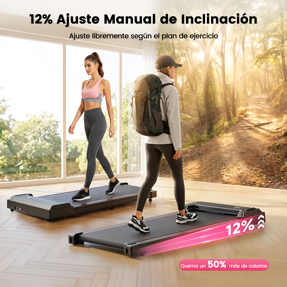Dos mujeres usan caminadoras, una en interior y otra en un sendero de bosque.