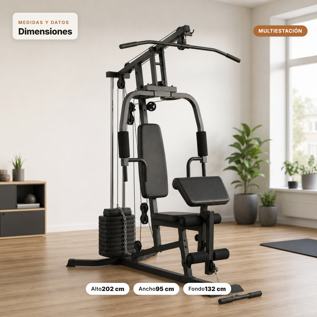 Una multiestación de gimnasio negra sobre suelo de madera en una habitación luminosa.