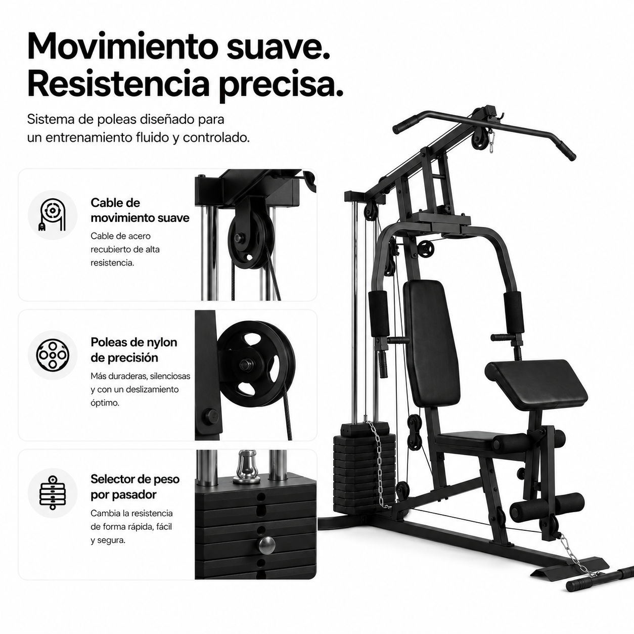Gimnasio en casa negro con acercamientos de poleas, cables y selector de peso, acompañado de texto en español.