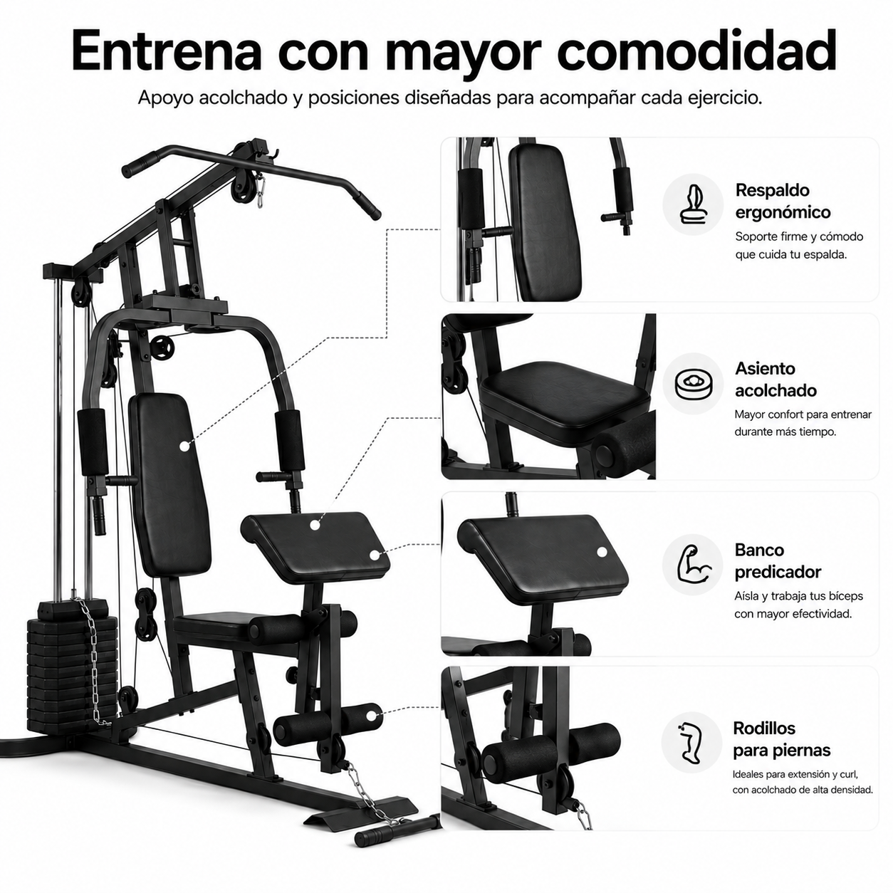 Gimnasio en casa negro con asiento acolchado, respaldo, banco de bíceps y rodillos para piernas, con detalles en zoom.