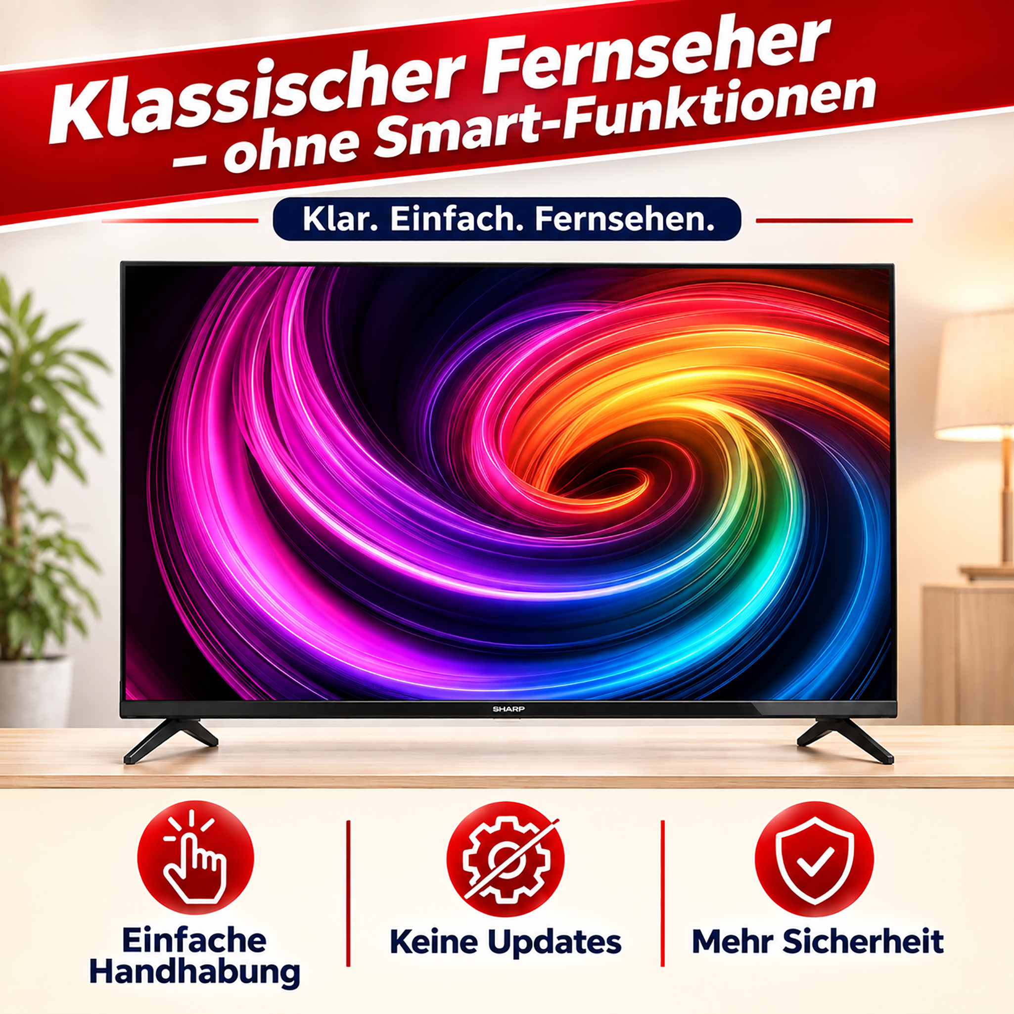 Ein Sharp-Fernseher auf einem Holztisch zeigt ein farbenfrohes abstraktes Muster; Text wirbt für einfache Bedienung.