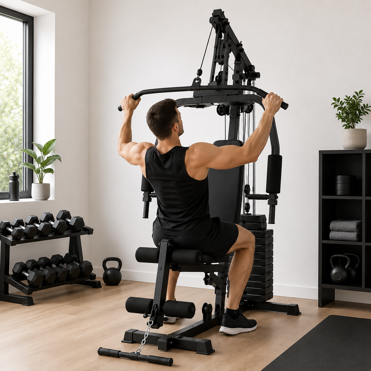 Un hombre usa una máquina de gimnasio negra en una habitación luminosa, con pesas y plantas de fondo.