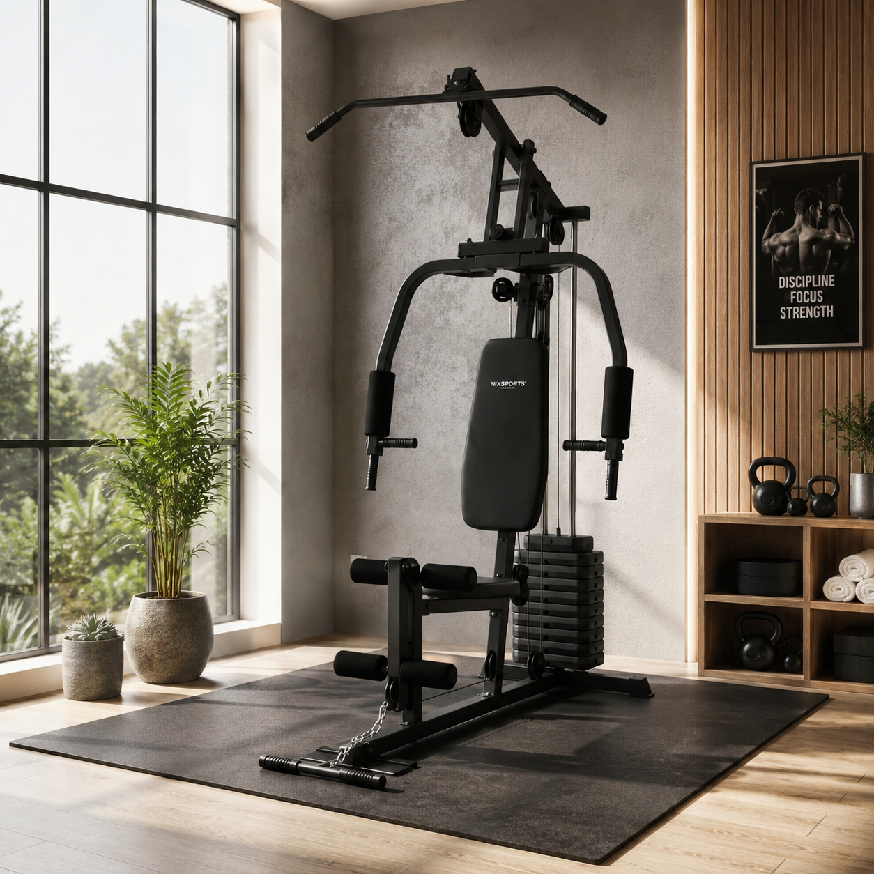 Un gimnasio en casa negro sobre una estera en una habitación luminosa con grandes ventanas y pared de madera.