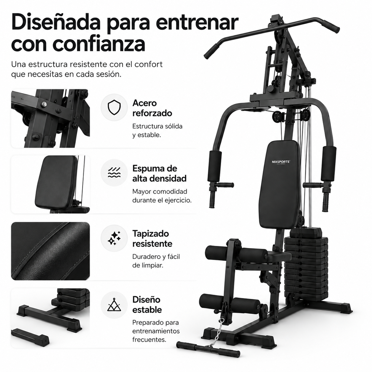 Gimnasio multifunción negro con asiento acolchado, pesas y barra superior, con destacados de características.