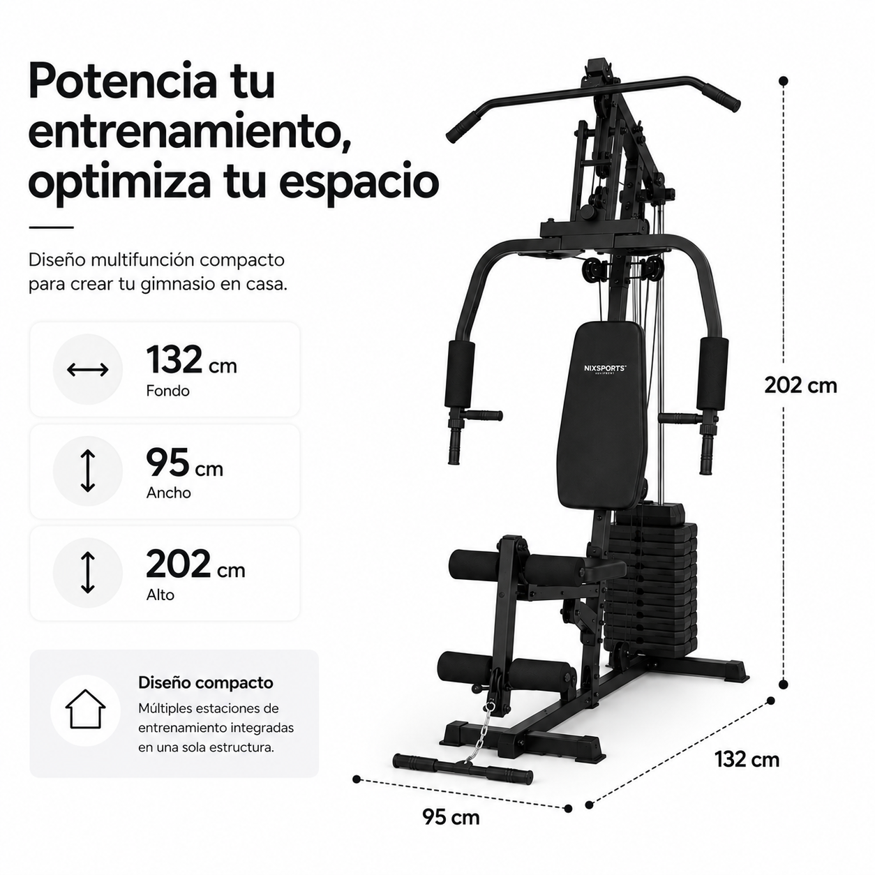 Un gimnasio multifuncional negro con pesas e indicadores de altura, ancho y profundidad.