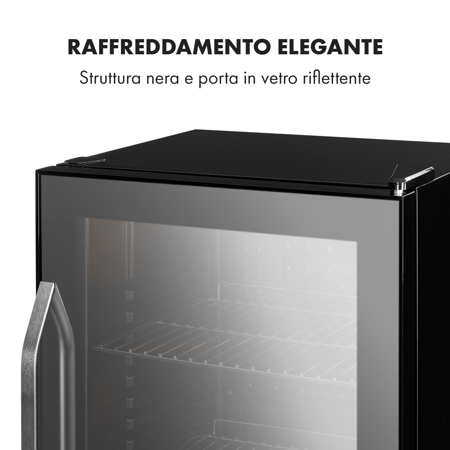Cantinetta vino nera con porta a vetro e maniglia.