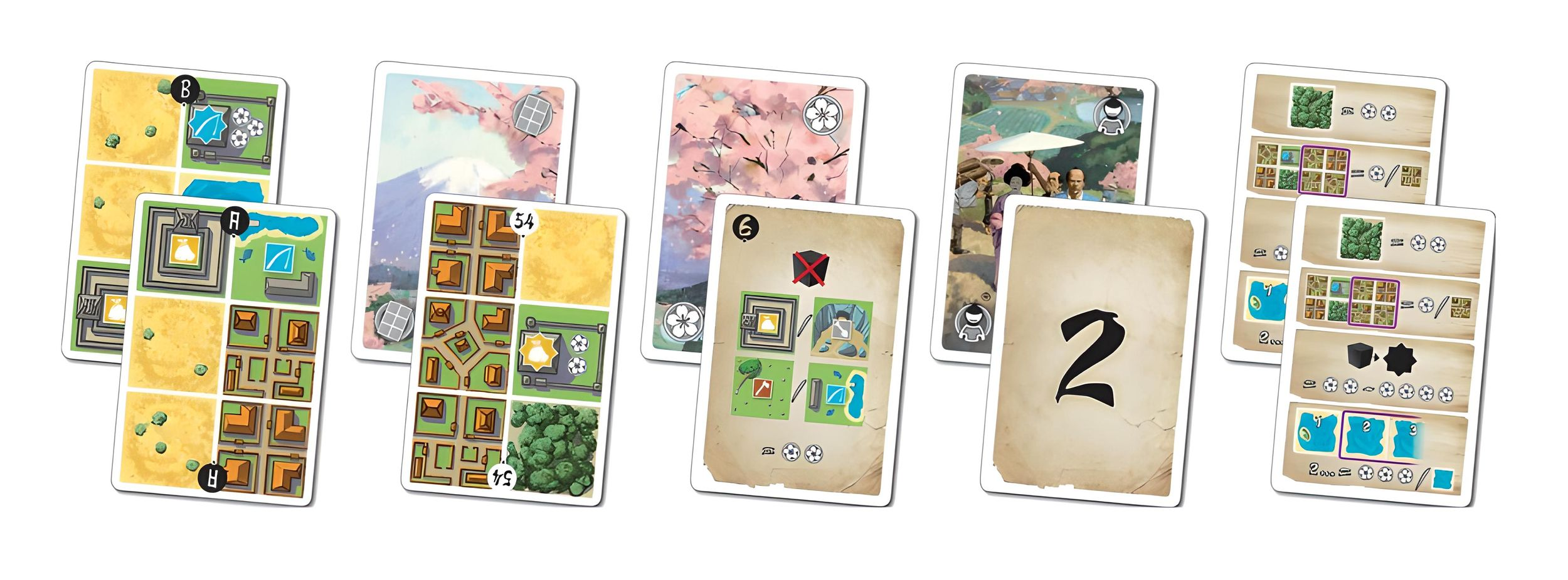 Verschiedene Spielkarten mit japanischen Landschaften, Gebäuden und Symbolen.