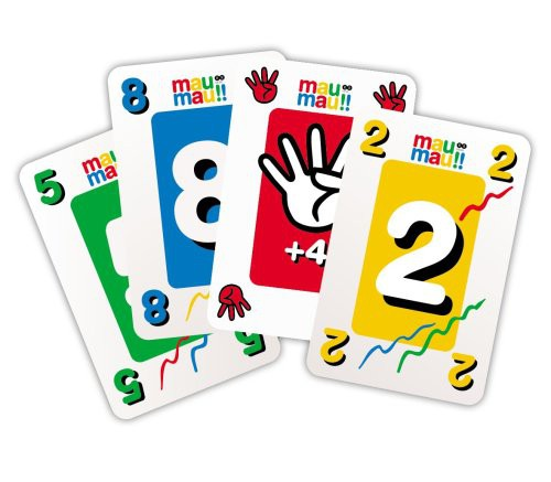 Quatre cartes à jouer Mau-Mau colorées affichant les chiffres 5, 8, une main et 2, disposées en éventail.