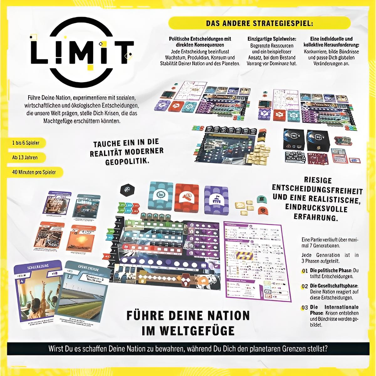 Werbeposter für das geopolitische Strategiespiel 'LIMIT' mit Spielkomponenten, Texten und gelbem Hintergrund.