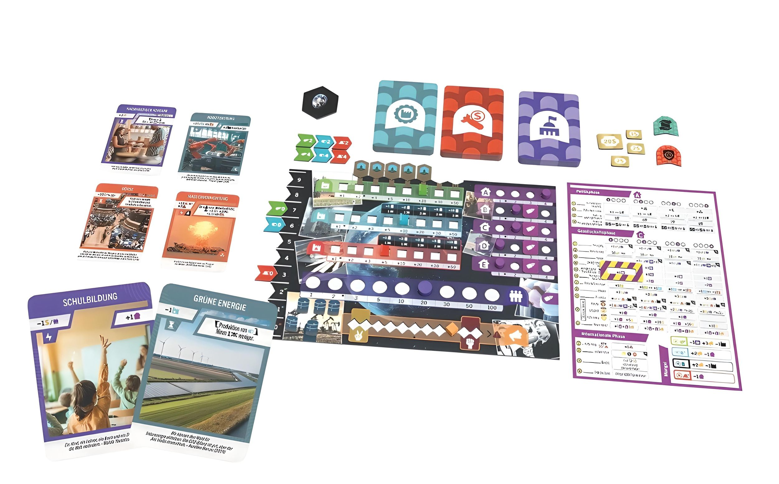 Ein Brettspiel auf weißem Untergrund mit bunten Karten, Spielertafeln und Markern.