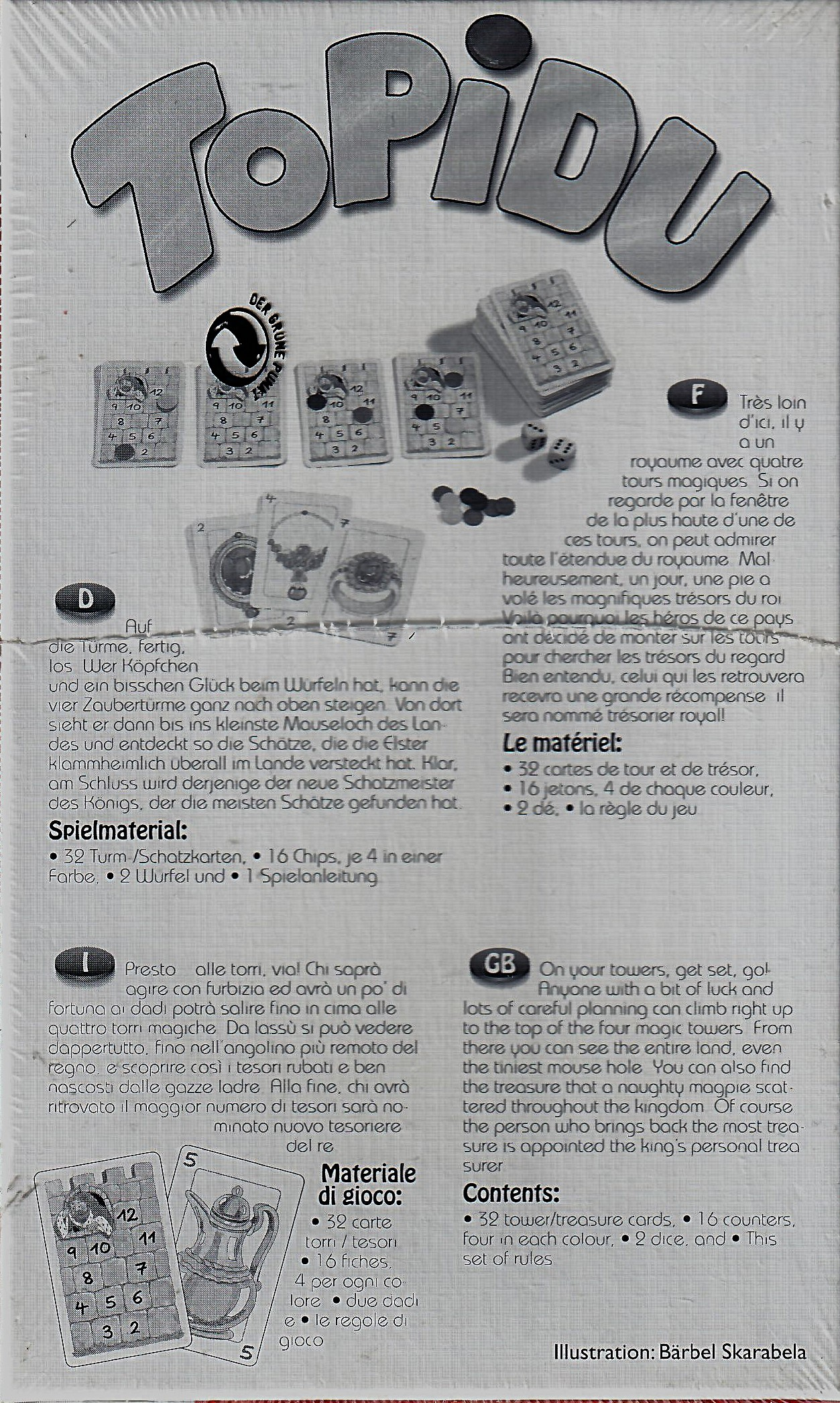 Rückseite der Topidu-Spielebox mit Karten, Würfeln, Chips und Regeln in mehreren Sprachen.