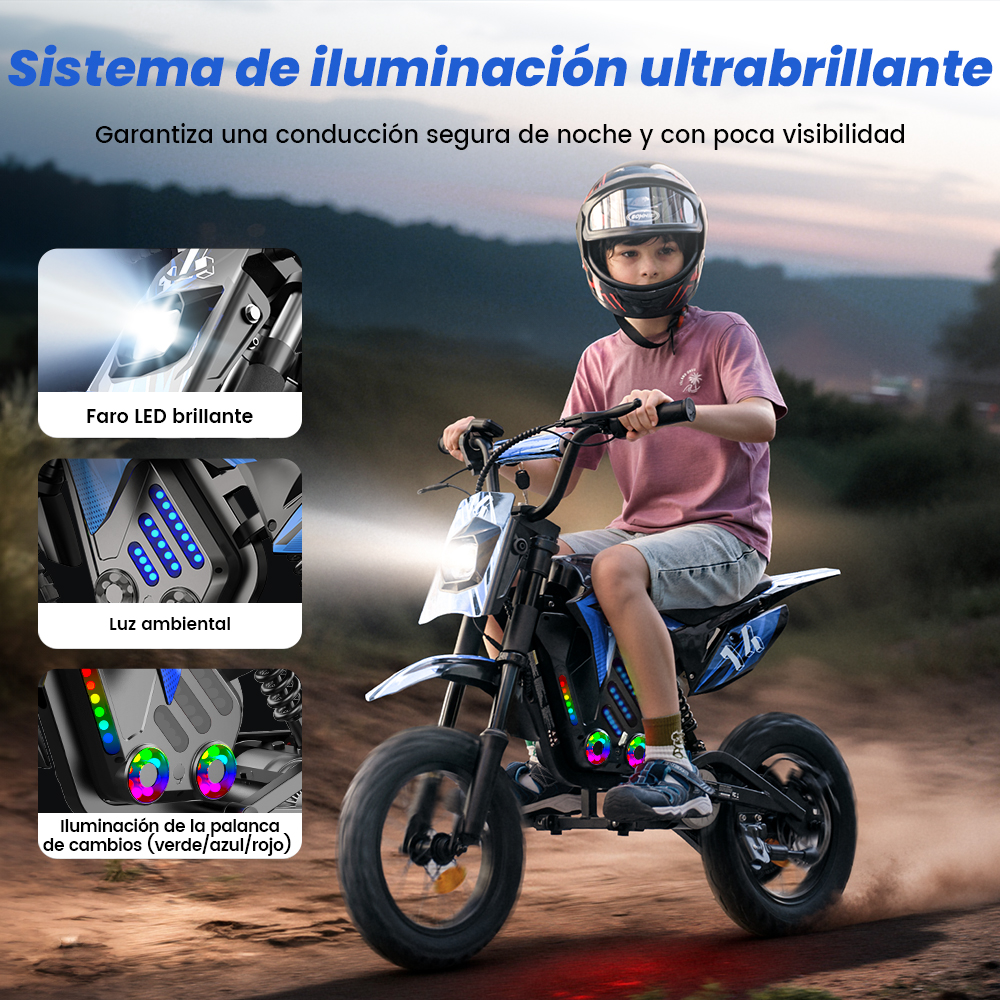 Un niño con casco conduce una moto eléctrica infantil en una pista de tierra, mostrando sus luces LED brillantes.