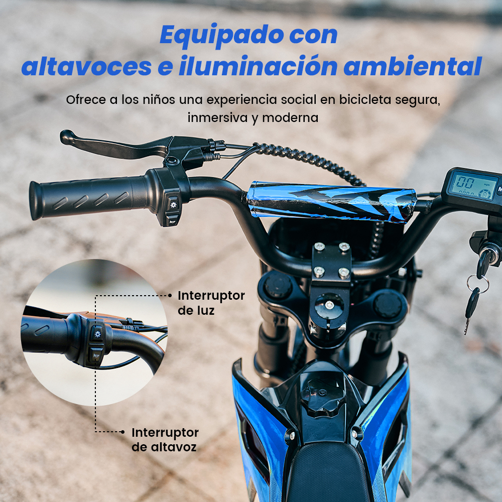 Primer plano del manillar de una bicicleta eléctrica infantil con interruptores de luz y altavoz.