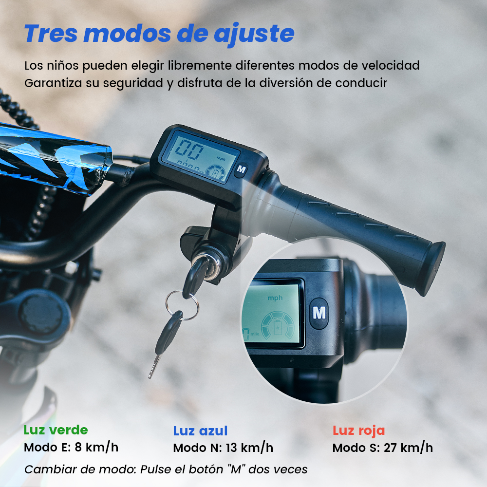 Manillar de patinete eléctrico con pantalla digital, llave de encendido y botón 'M'.