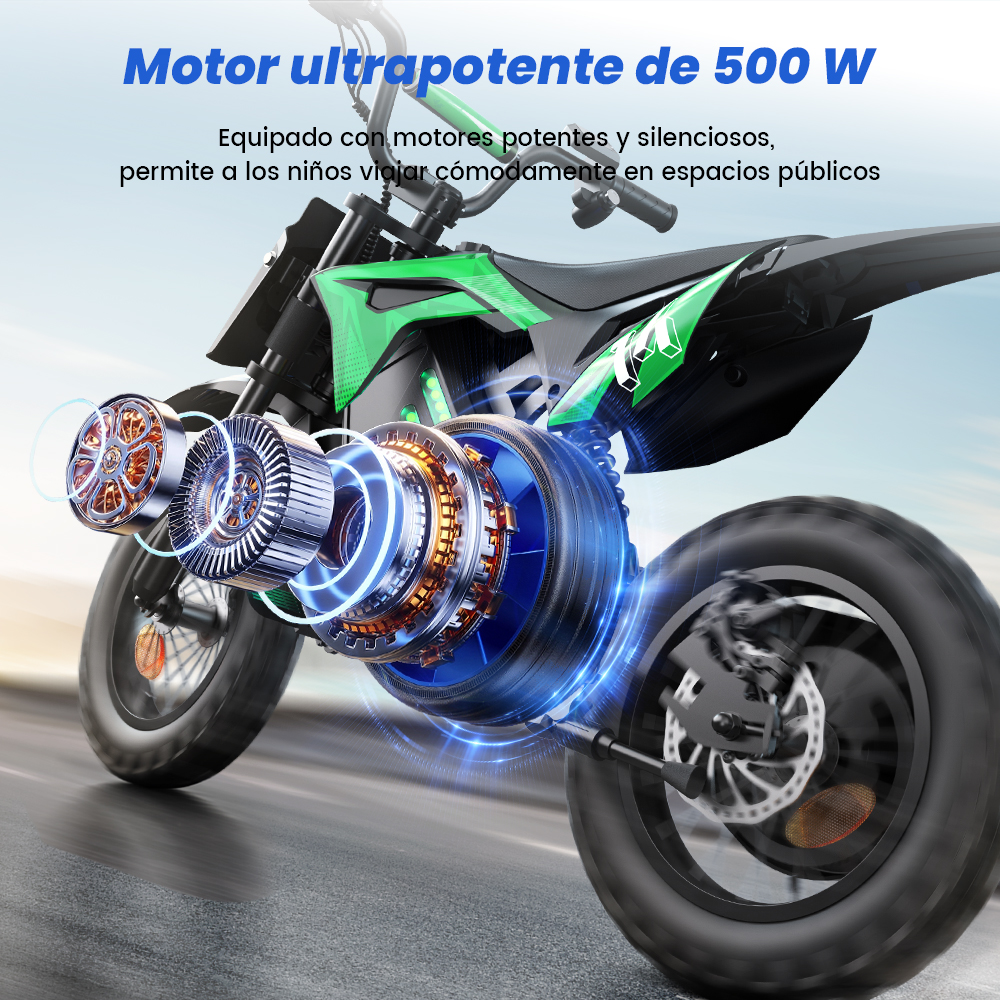 Un diagrama muestra el potente motor eléctrico de 500 W de una moto de cross para niños verde.