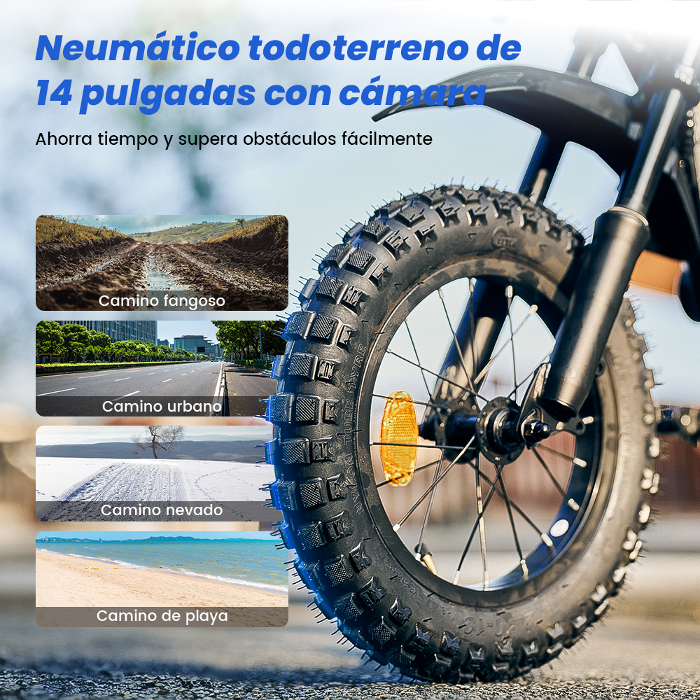 Neumático todoterreno de 14 pulgadas con cuatro fotos de caminos fangosos, urbanos, nevados y de playa.