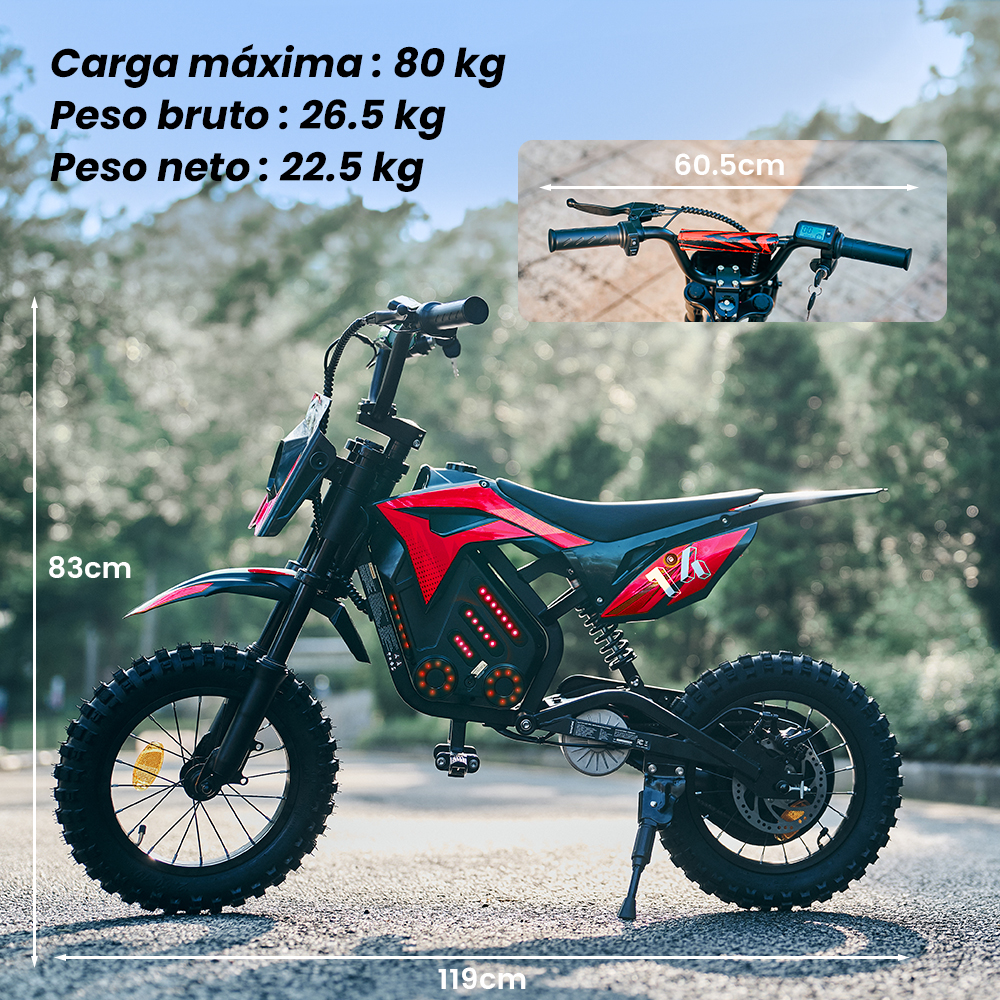 Una moto de cross eléctrica roja y negra para niños en asfalto con medidas.