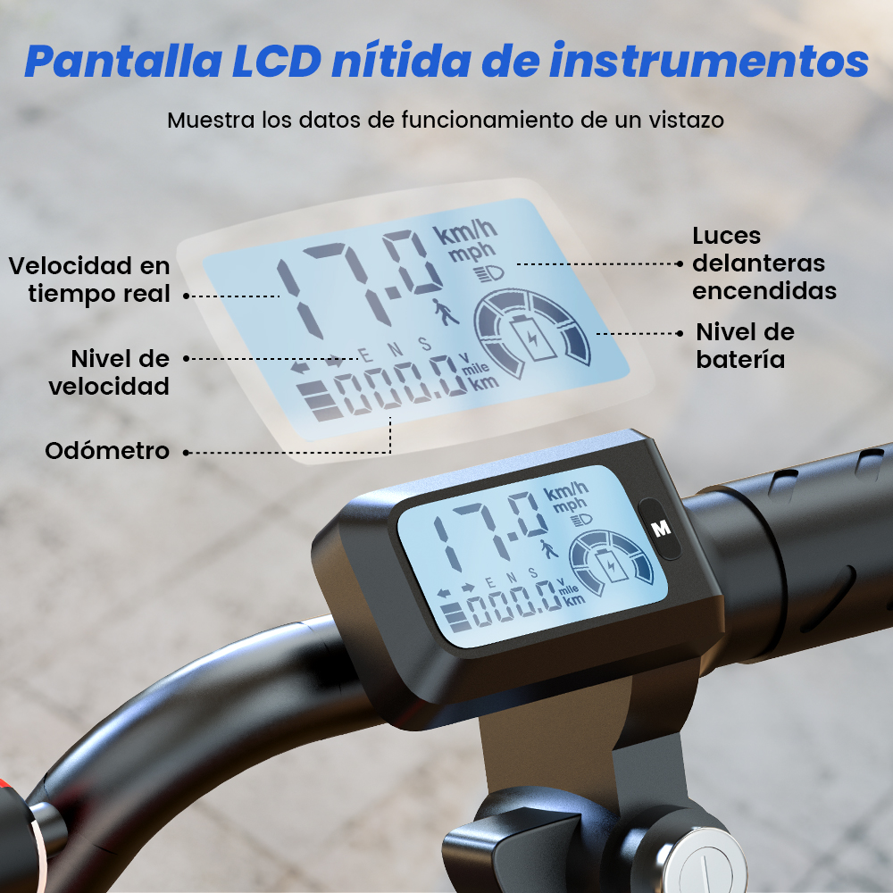 Manillar de patinete eléctrico con pantalla LCD azul que muestra velocidad y nivel de batería, con etiquetas en español.