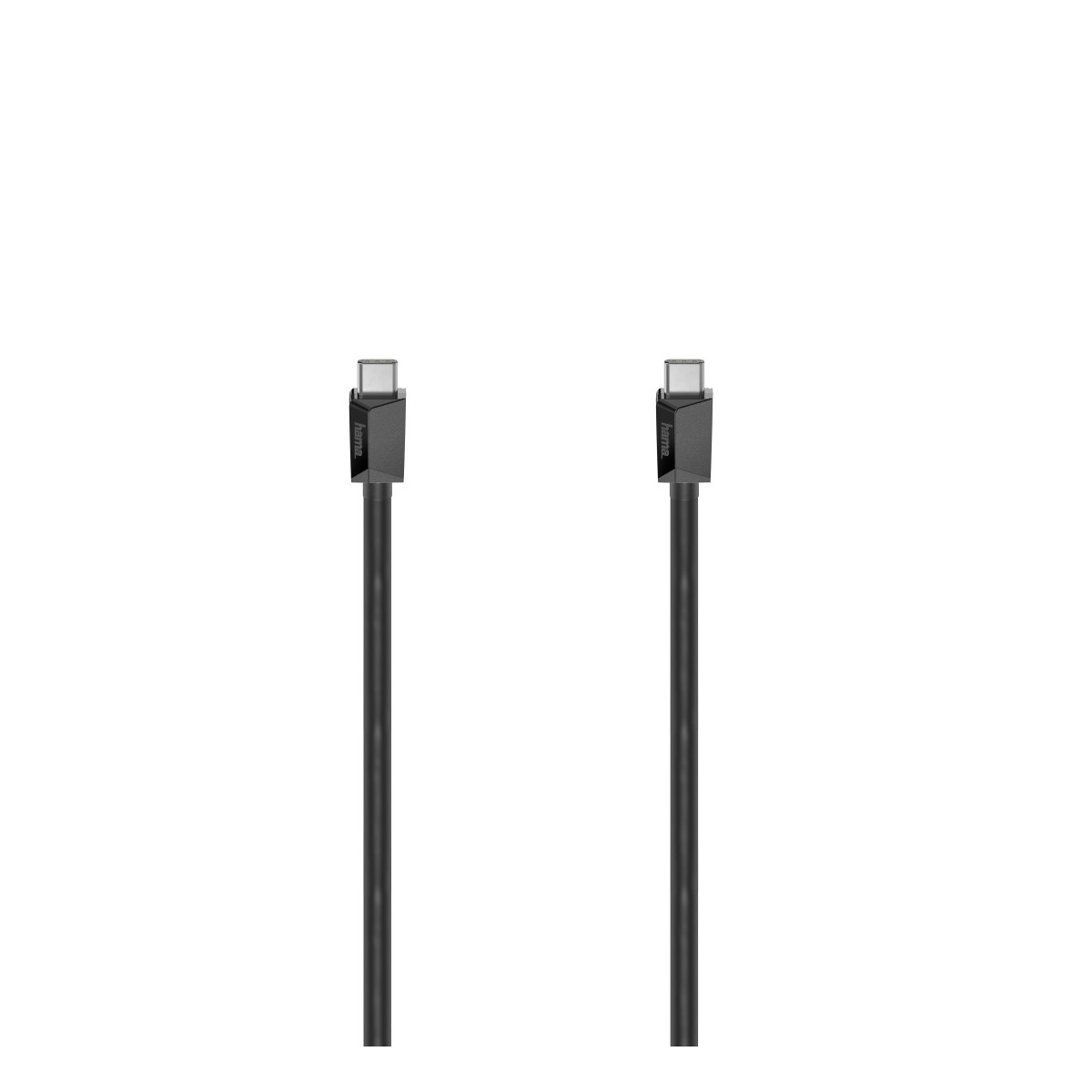 Due cavi USB-C neri con connettori su sfondo bianco.
