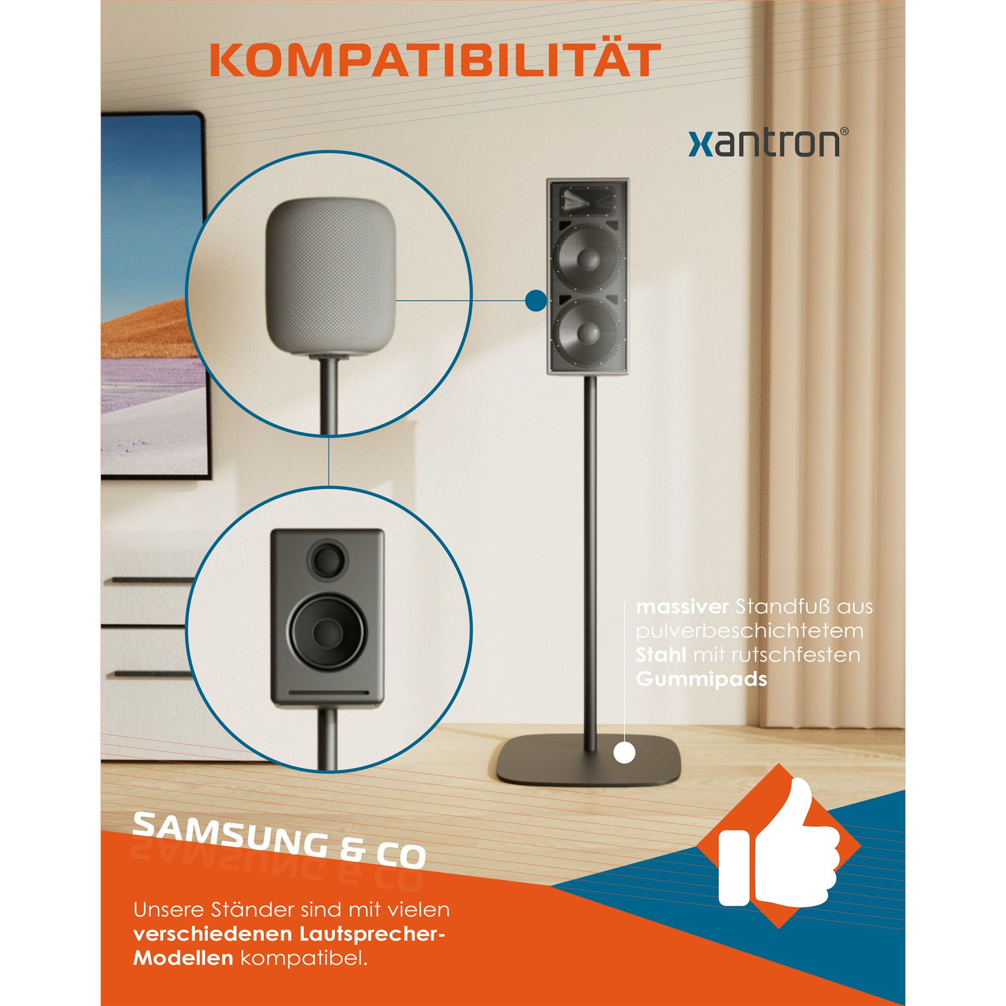 Ein xantron Lautsprecherständer in einem Wohnzimmer zeigt die Kompatibilität mit verschiedenen Modellen.