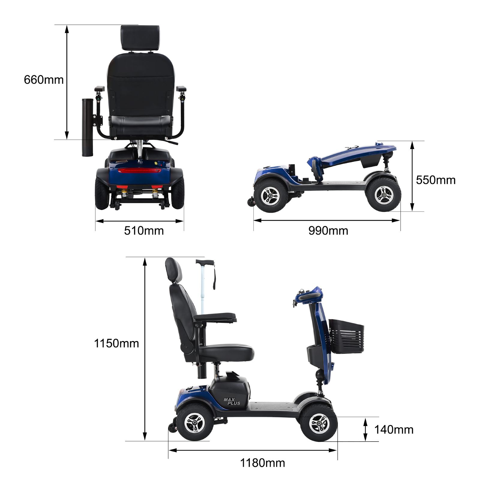 Diagrama de un scooter de movilidad azul con medidas de dimensión para altura, ancho y largo desde tres perspectivas.