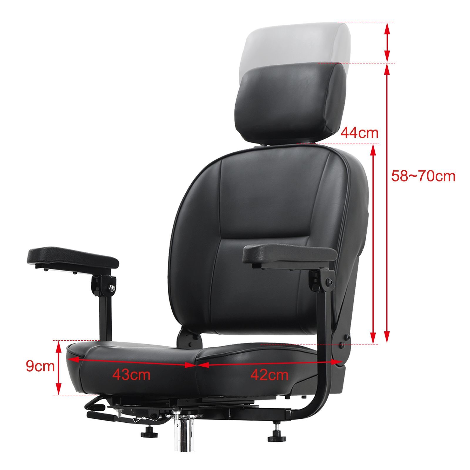 Una silla de oficina de cuero negro con líneas de cotas rojas sobre fondo blanco.