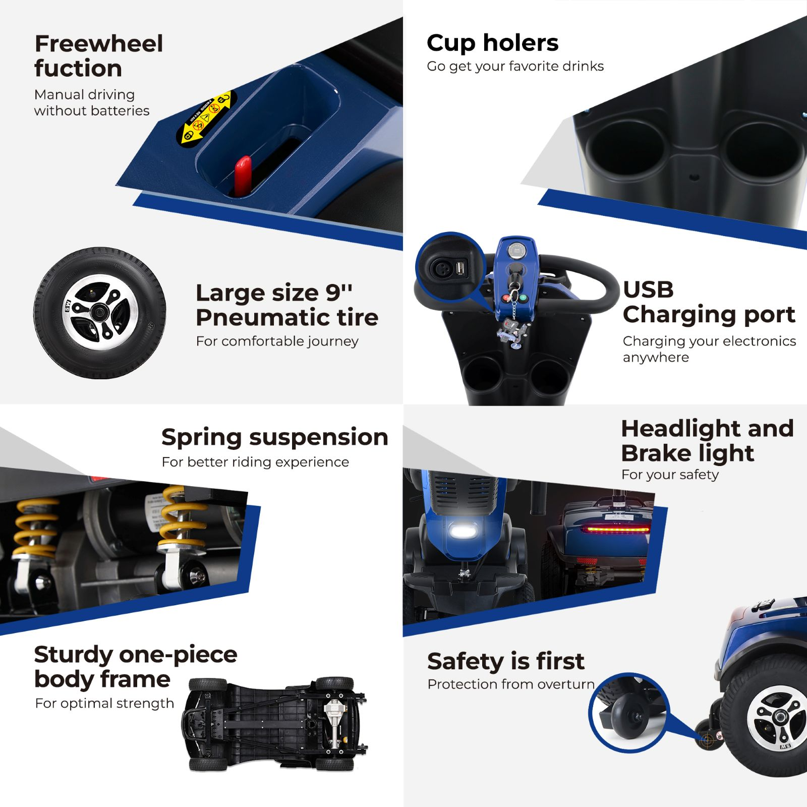 Características de un patinete de movilidad azul: rueda libre, soportes, neumáticos, USB, suspensión y faros.