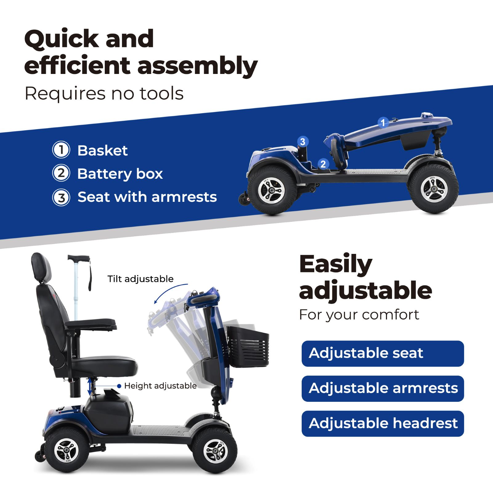 Guía de montaje de scooter de movilidad azul y características ajustables.