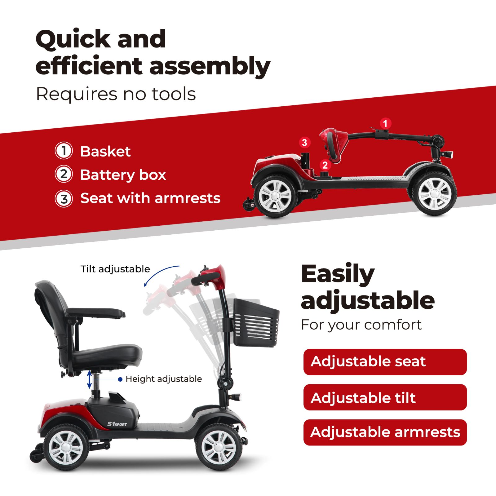 Scooter de movilidad con asiento, inclinación y reposabrazos ajustables, y fácil montaje sin herramientas.