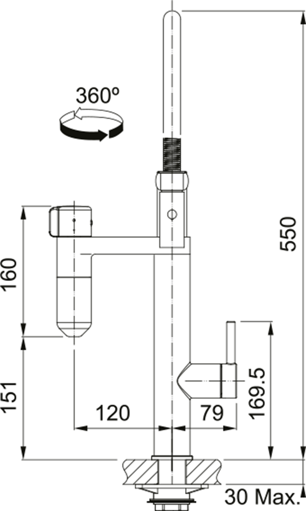 Disegno tecnico di un rubinetto da cucina con dimensioni precise in millimetri e rotazione a 360 gradi.