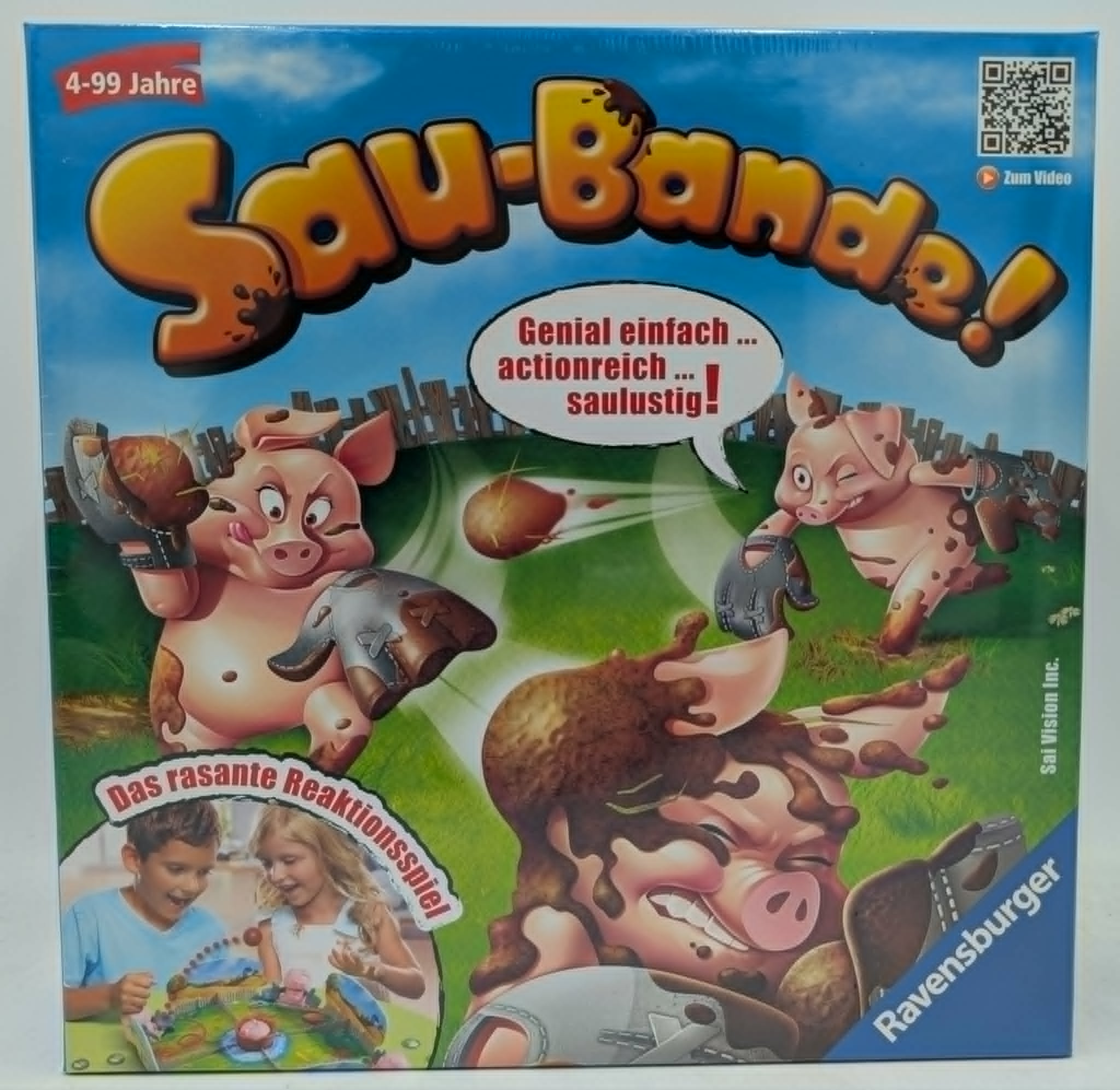 Ravensburger Brettspielverpackung Sau-Bande zeigt drei Cartoon-Schweine, die mit Schlammballen werfen.