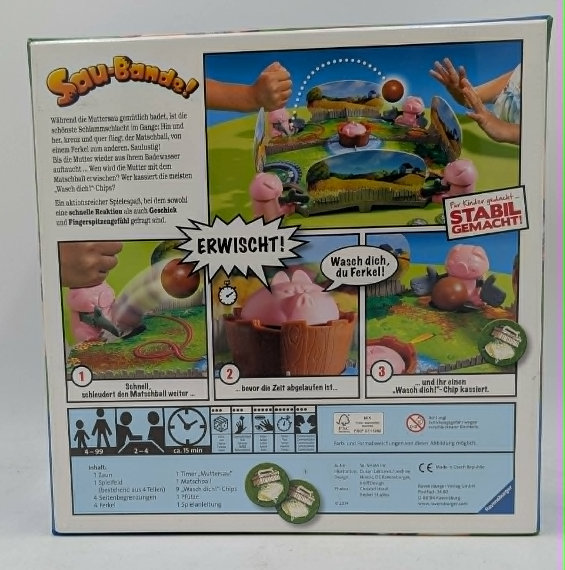 Rückseite einer Brettspielverpackung zeigt grüne Spielwelt, kleine Schweinefiguren und Spielregeln.