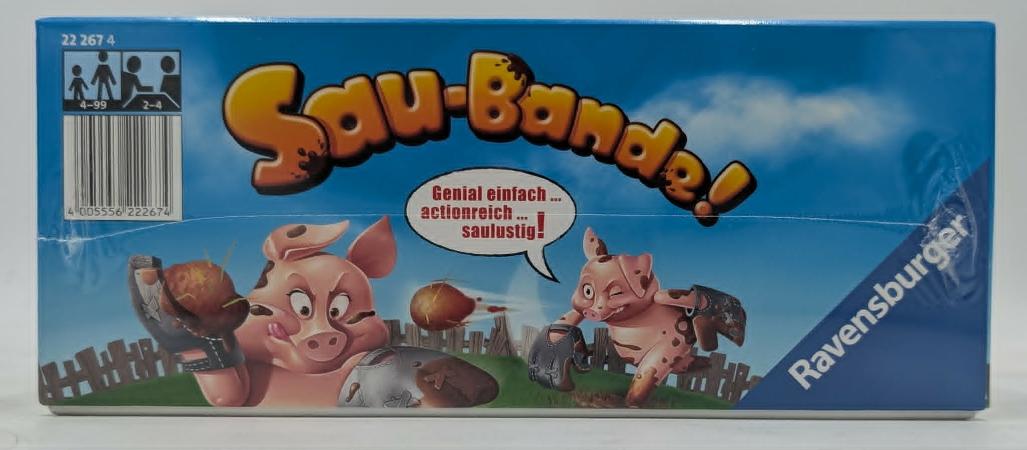 Blaue Verpackung des Ravensburger Spiels Sau-Bande mit zwei Schweinen und dem Spruch Genial einfach.