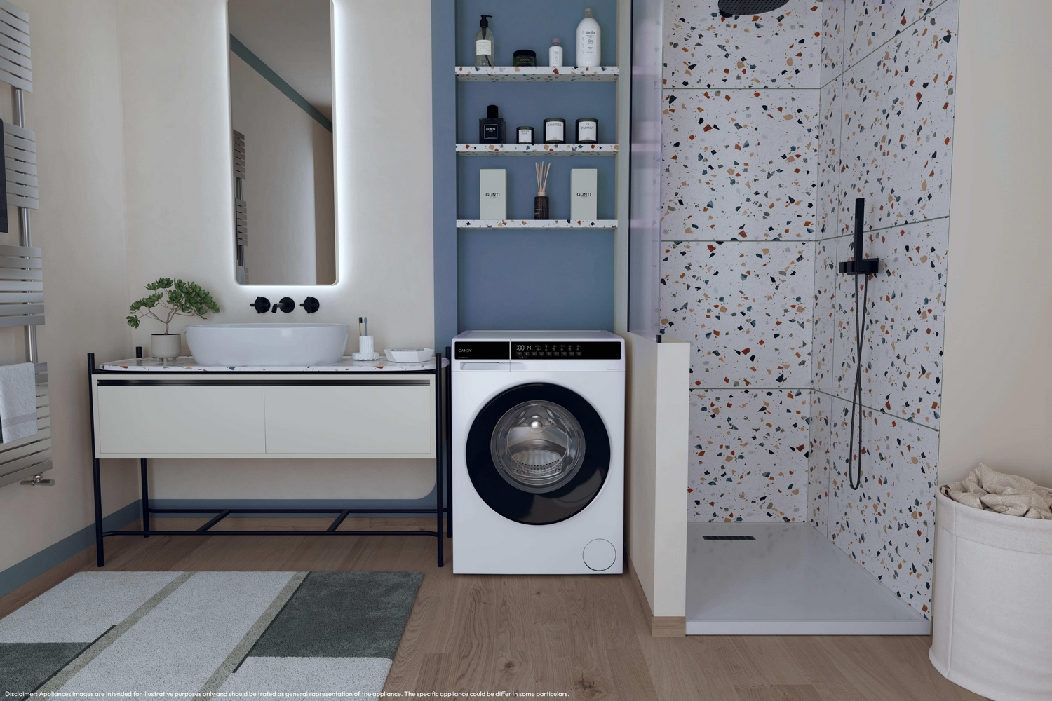 Bagno con lavandino, lavatrice bianca, mensole, doccia in terrazzo e pavimento in legno.